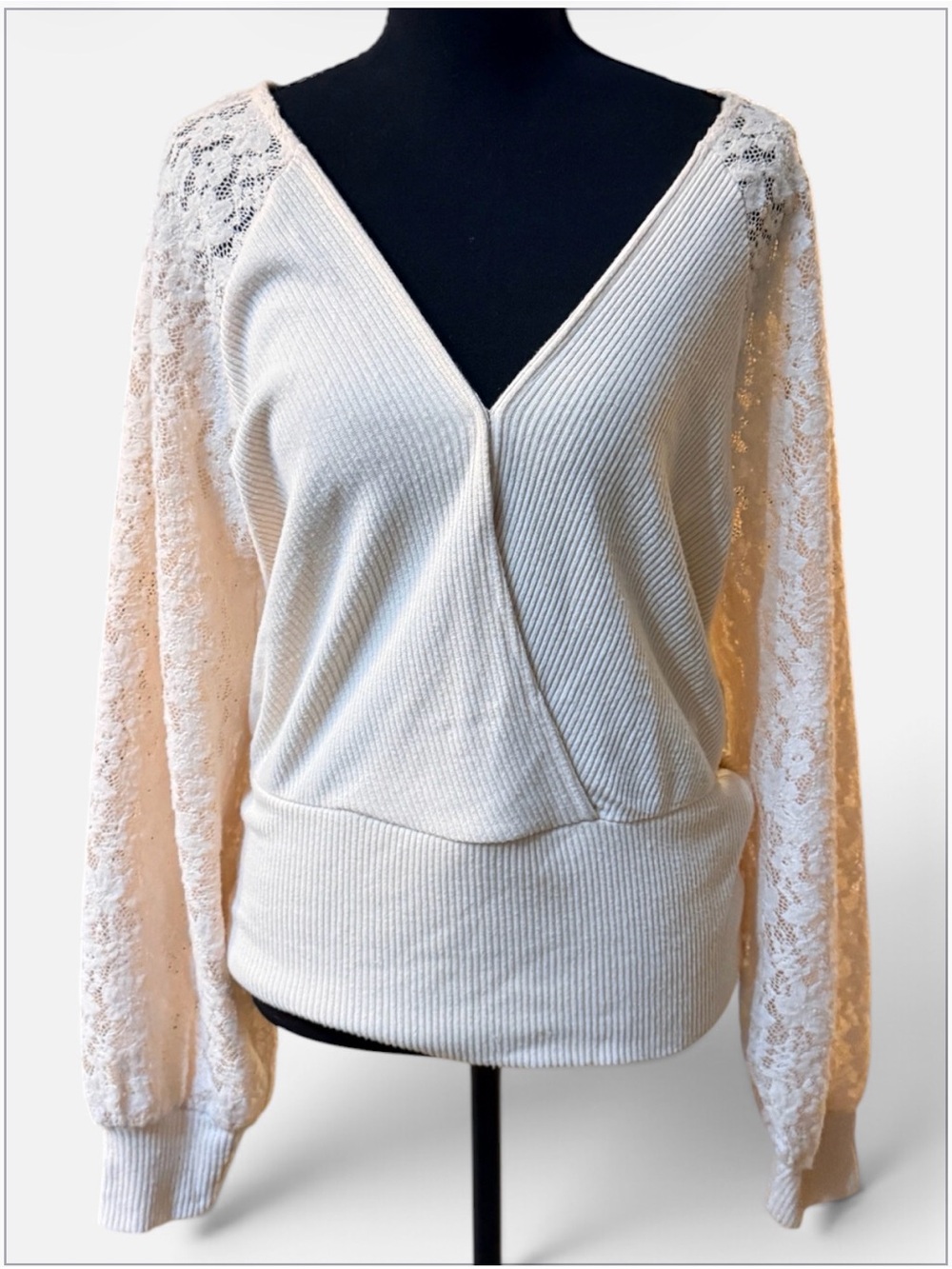 Anthropologie Cream Lace-Sleeve V-Neck Wrap Top size L